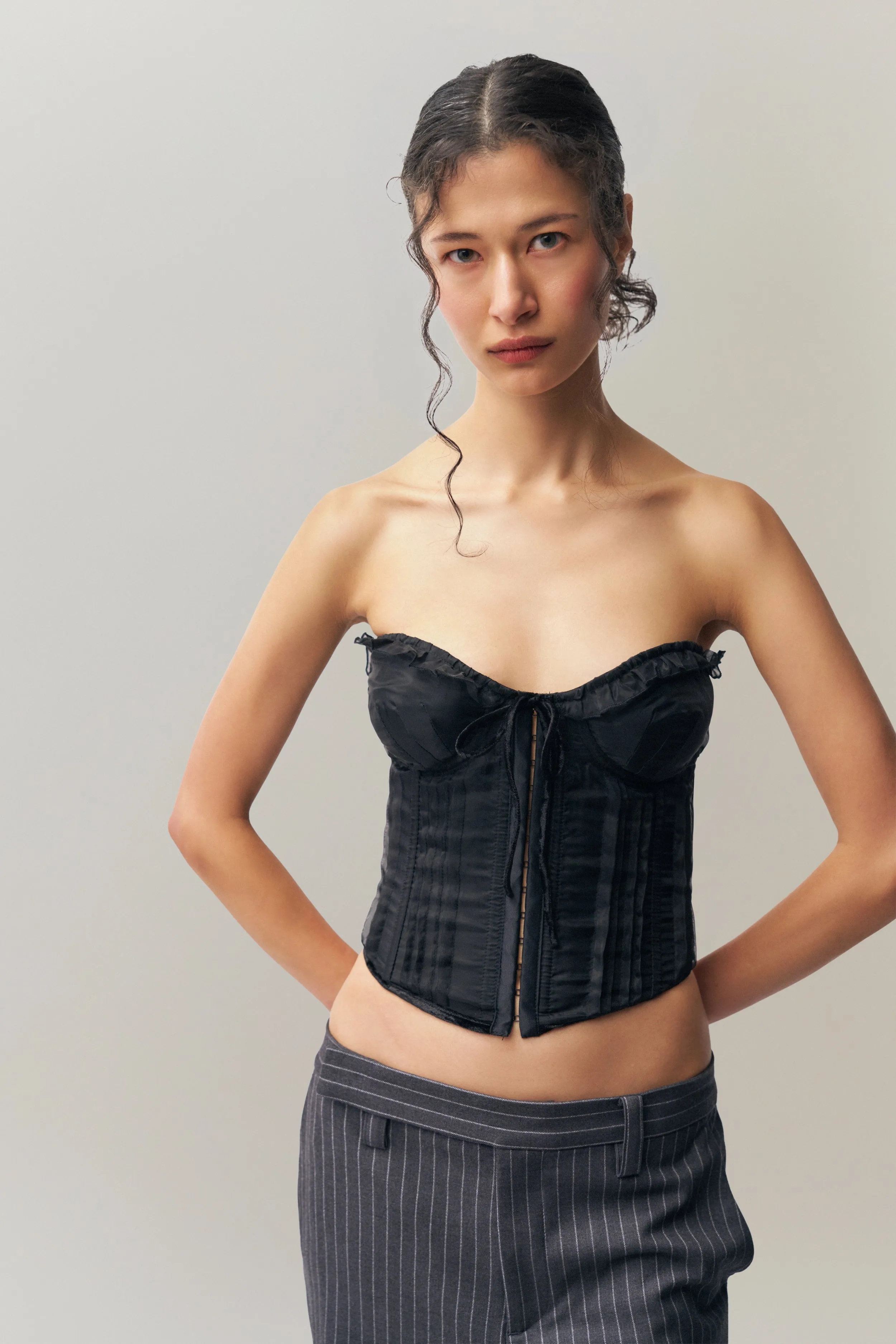 Brushed Microfiber Surface Quick Release Buttons Pintuck Corset