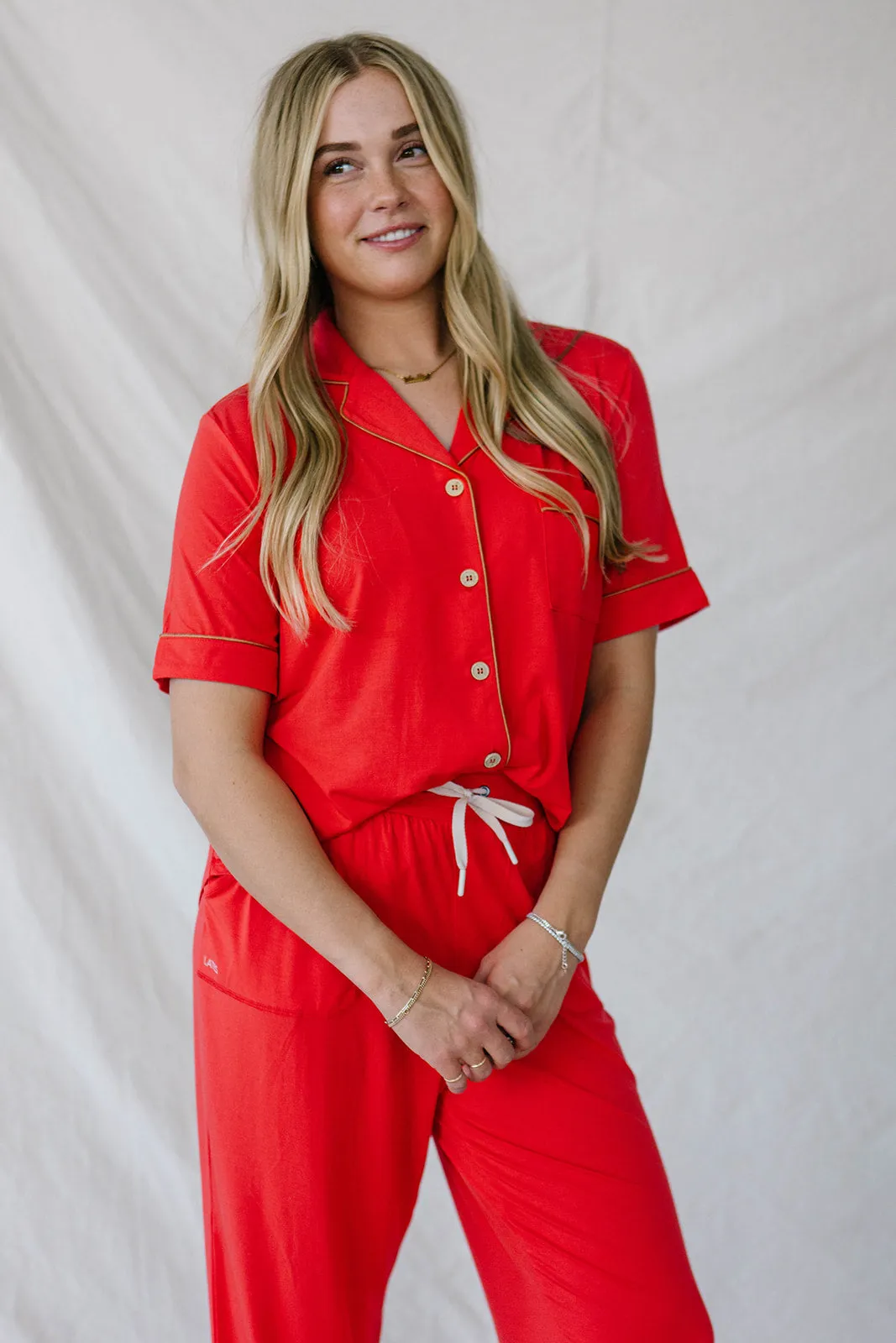 PIPED BUTTON UP PANTS SET MODAL | Valentines Red