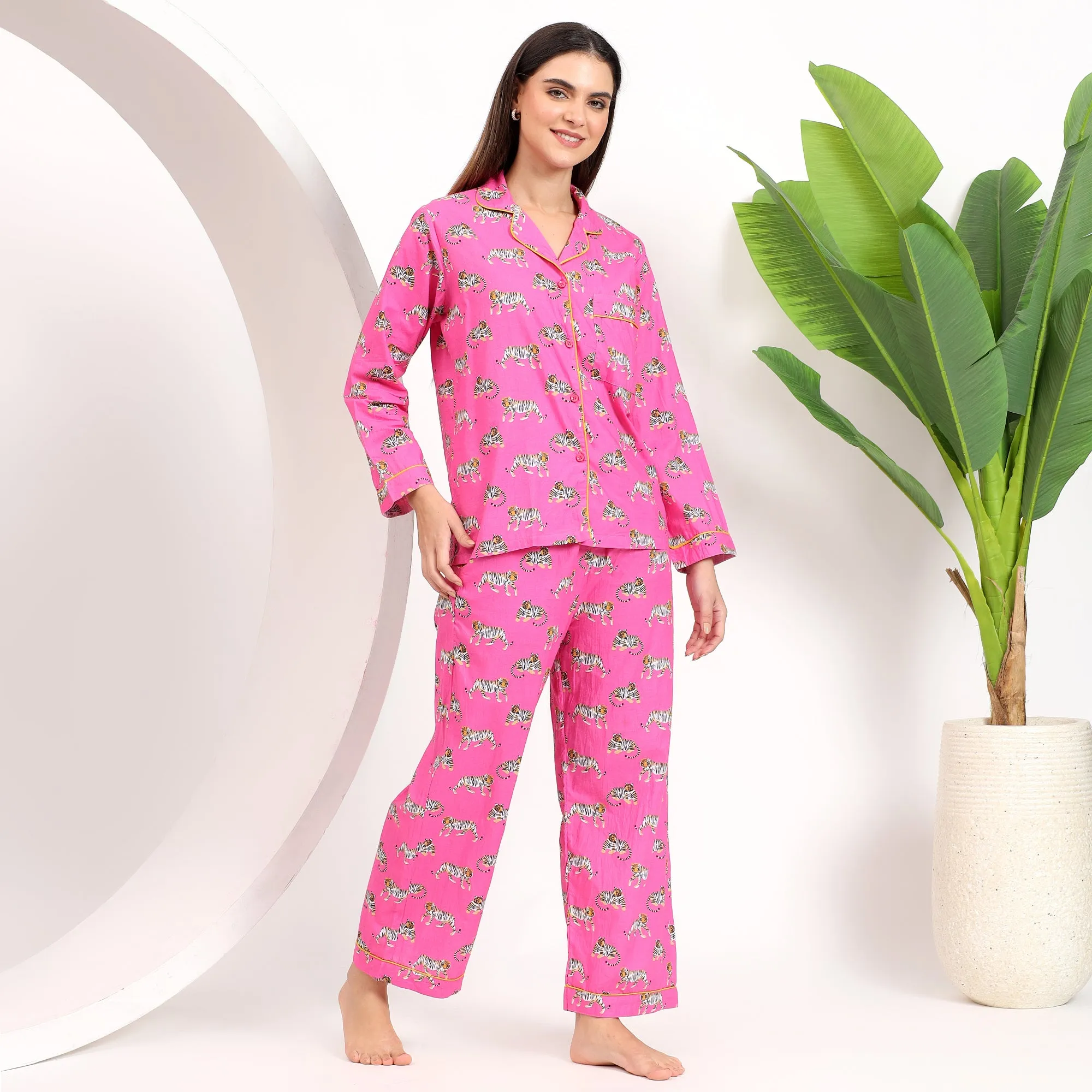 PJ Set Pink Tiger Print Pajama Sets for Women