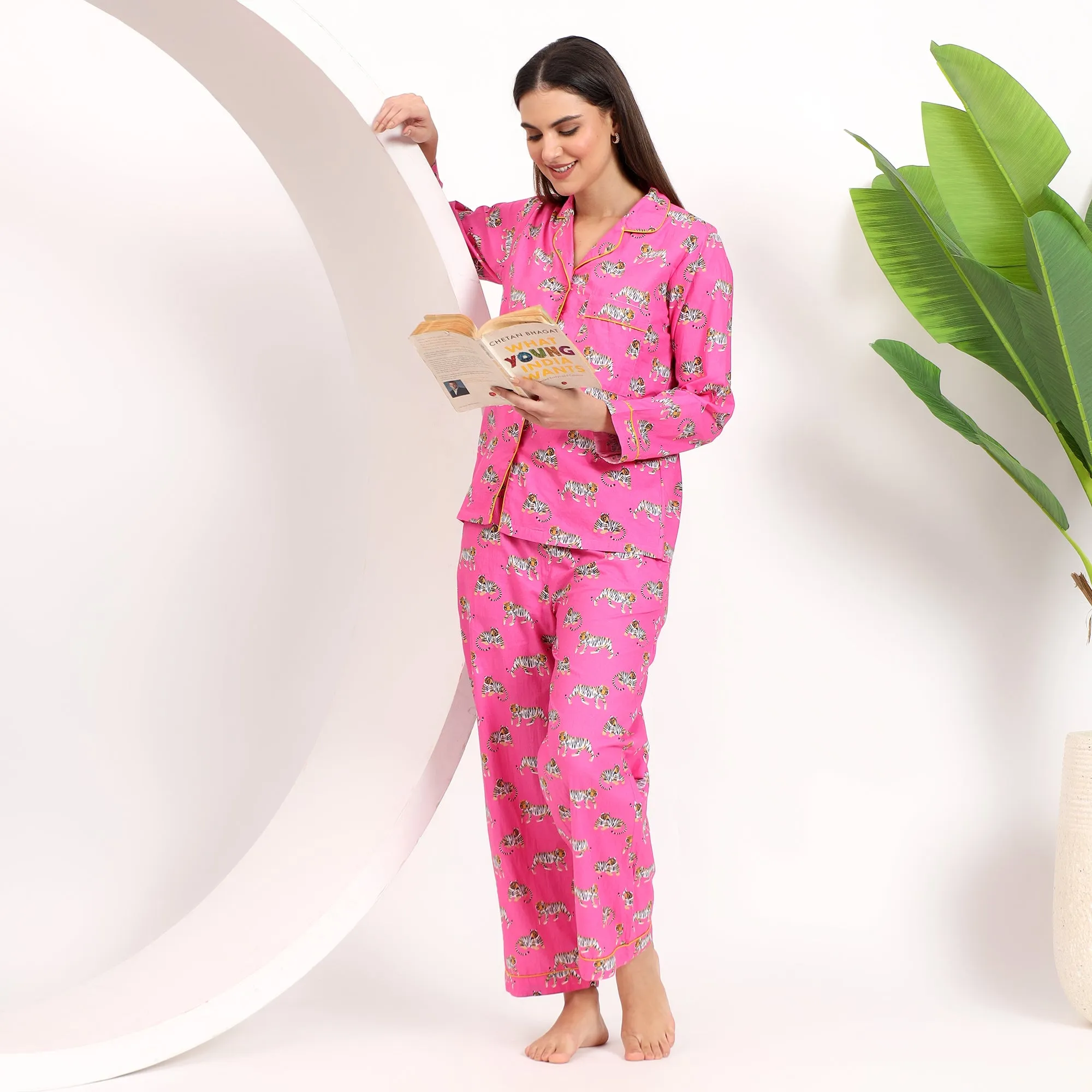 PJ Set Pink Tiger Print Pajama Sets for Women