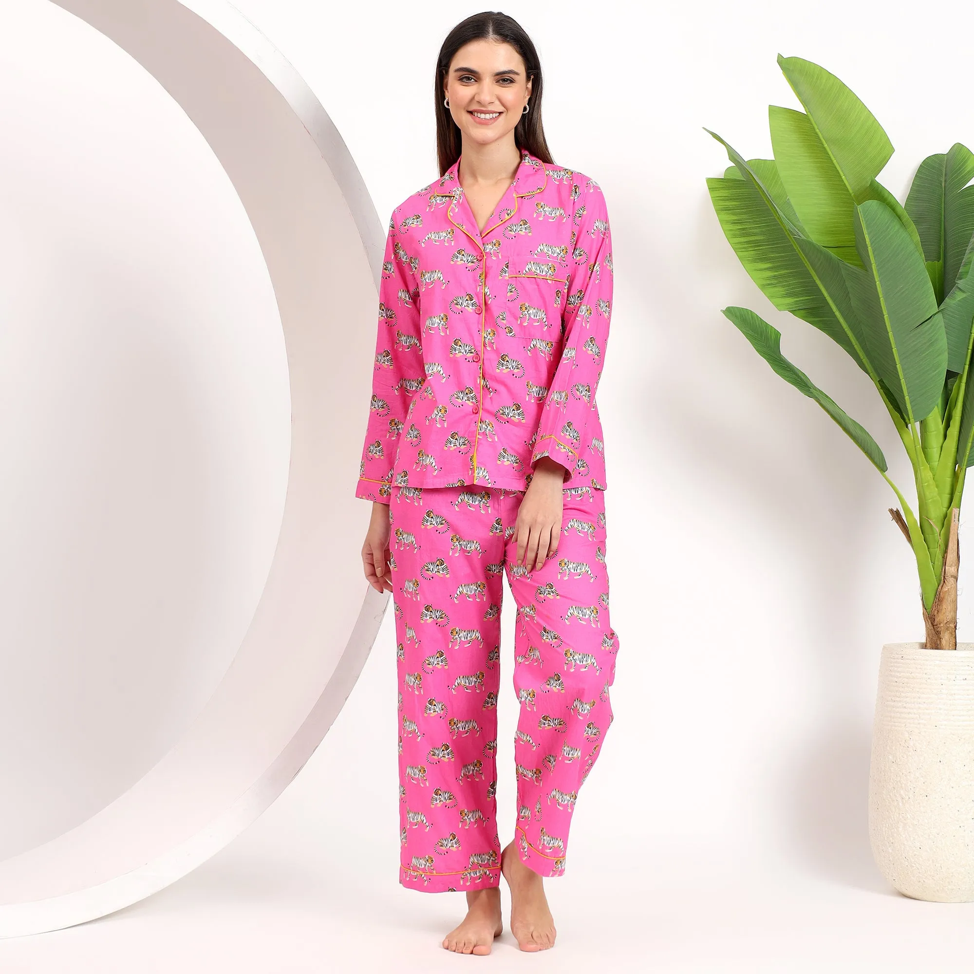 PJ Set Pink Tiger Print Pajama Sets for Women