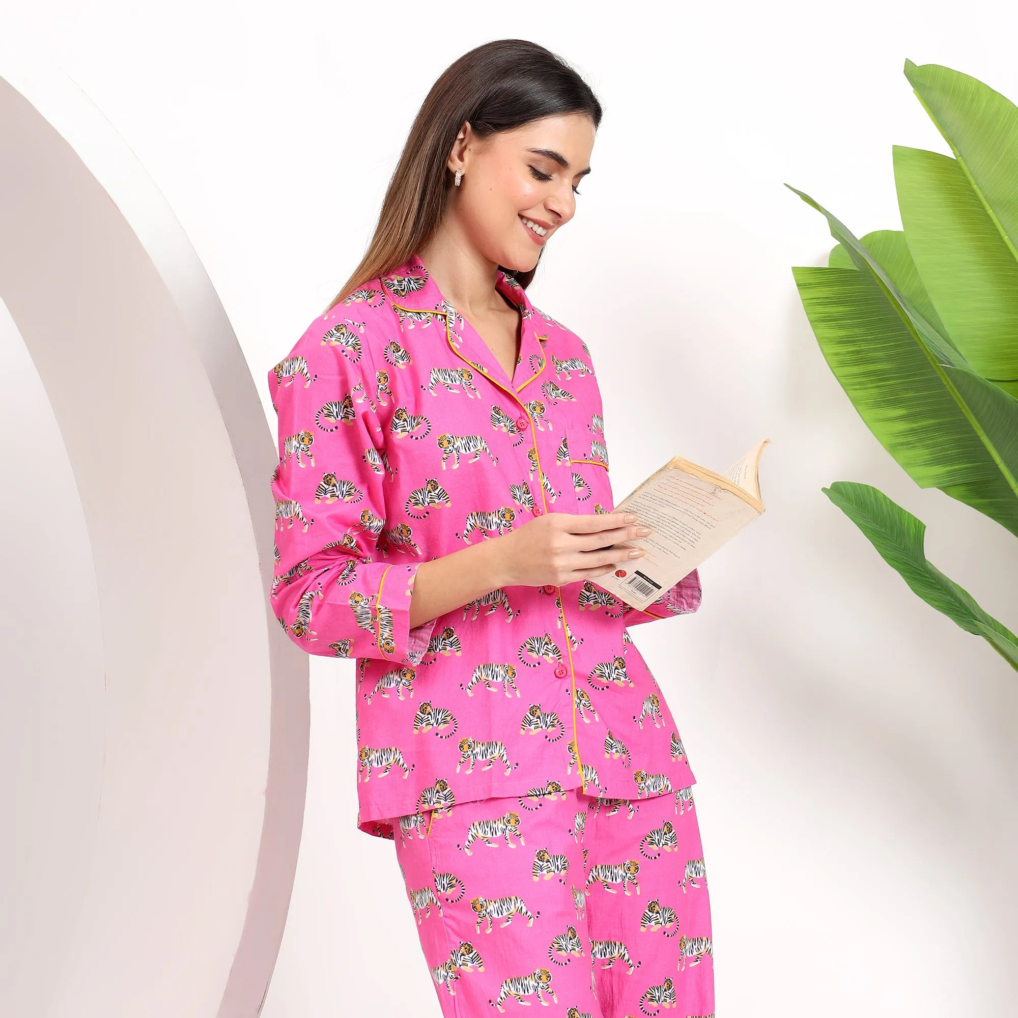 PJ Set Pink Tiger Print Pajama Sets for Women