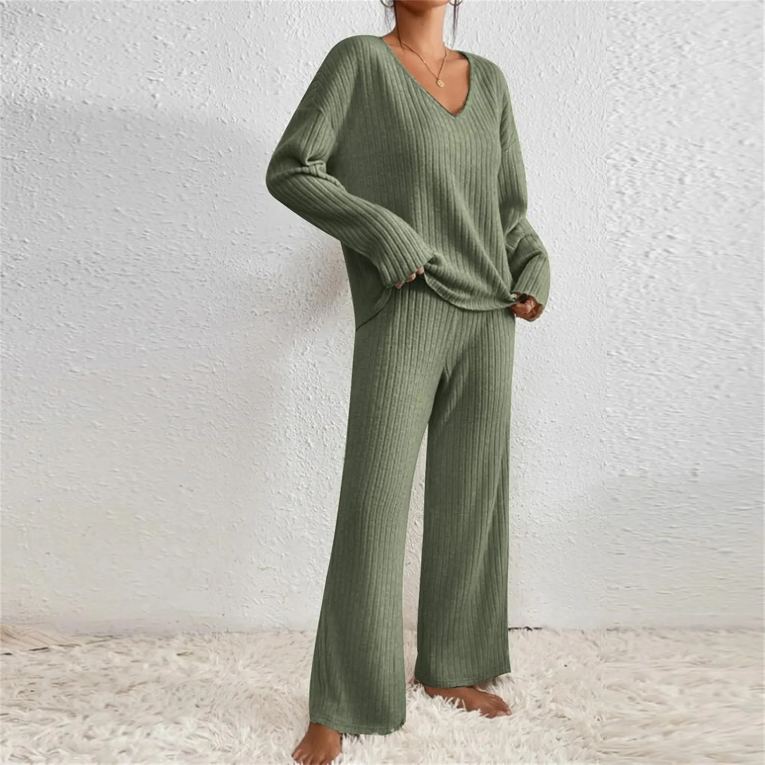 Pj Sets For Woman Fashion Solid Color Knitted V Neck Long Sleeved Casual Trousers Suit Long Sleeved V Neck Top Set