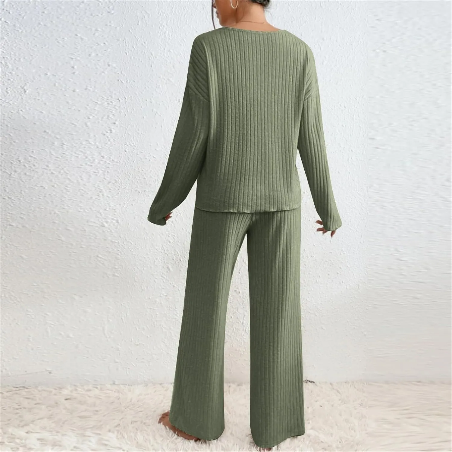 Pj Sets For Woman Fashion Solid Color Knitted V Neck Long Sleeved Casual Trousers Suit Long Sleeved V Neck Top Set