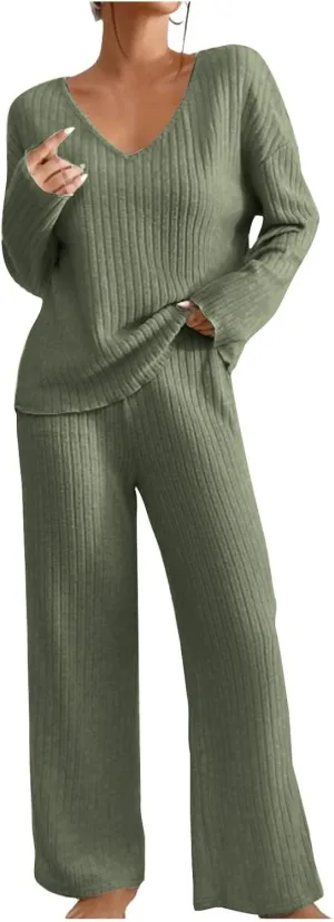 Pj Sets For Woman Fashion Solid Color Knitted V Neck Long Sleeved Casual Trousers Suit Long Sleeved V Neck Top Set
