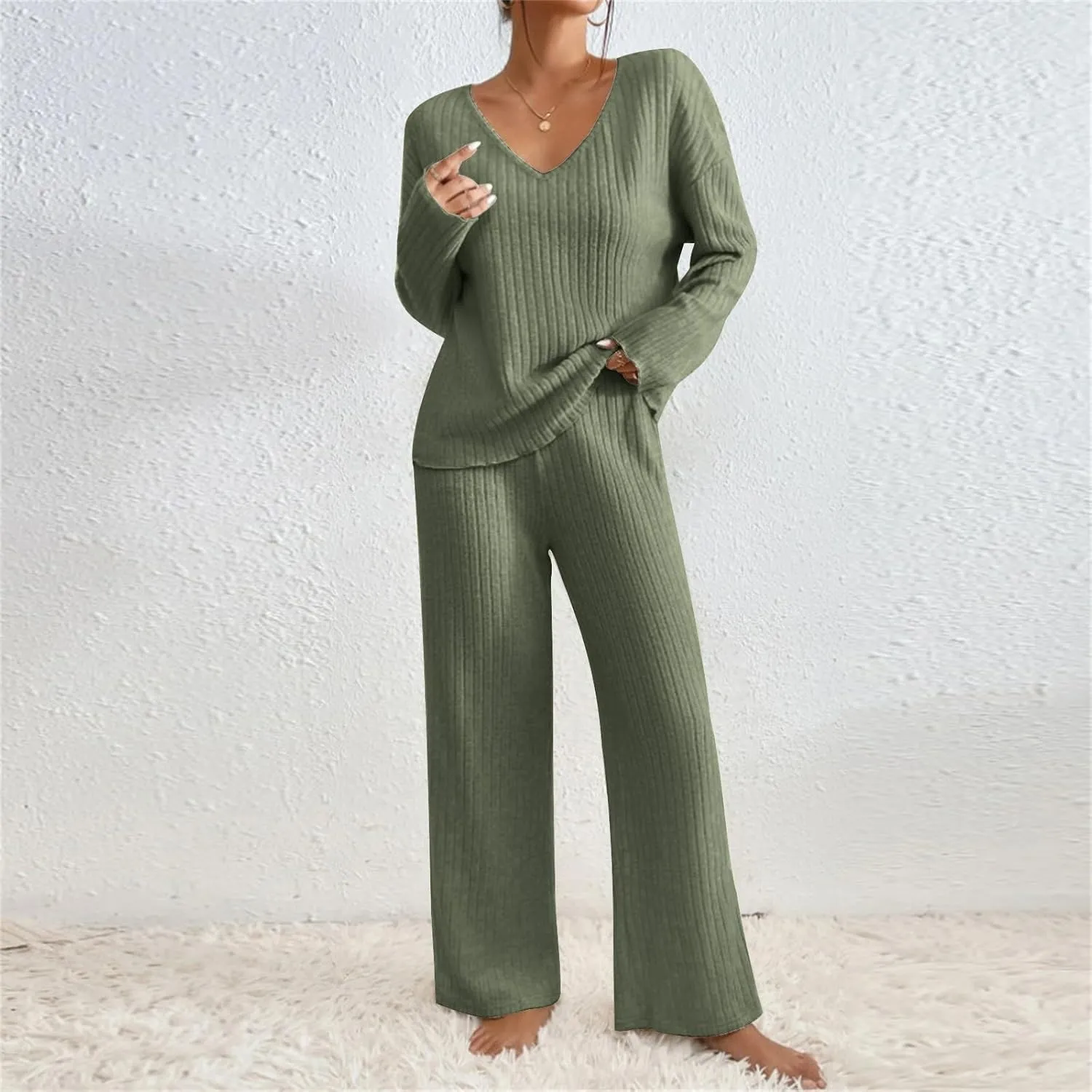 Pj Sets For Woman Fashion Solid Color Knitted V Neck Long Sleeved Casual Trousers Suit Long Sleeved V Neck Top Set