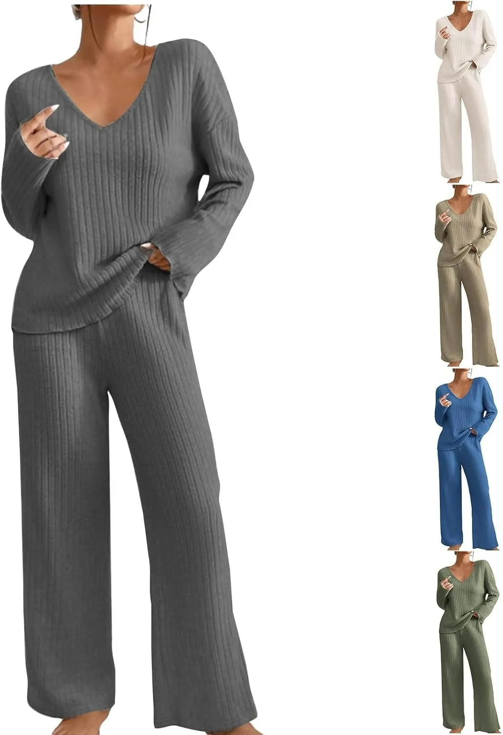 Pj Sets For Woman Fashion Solid Color Knitted V Neck Long Sleeved Casual Trousers Suit Long Sleeved V Neck Top Set