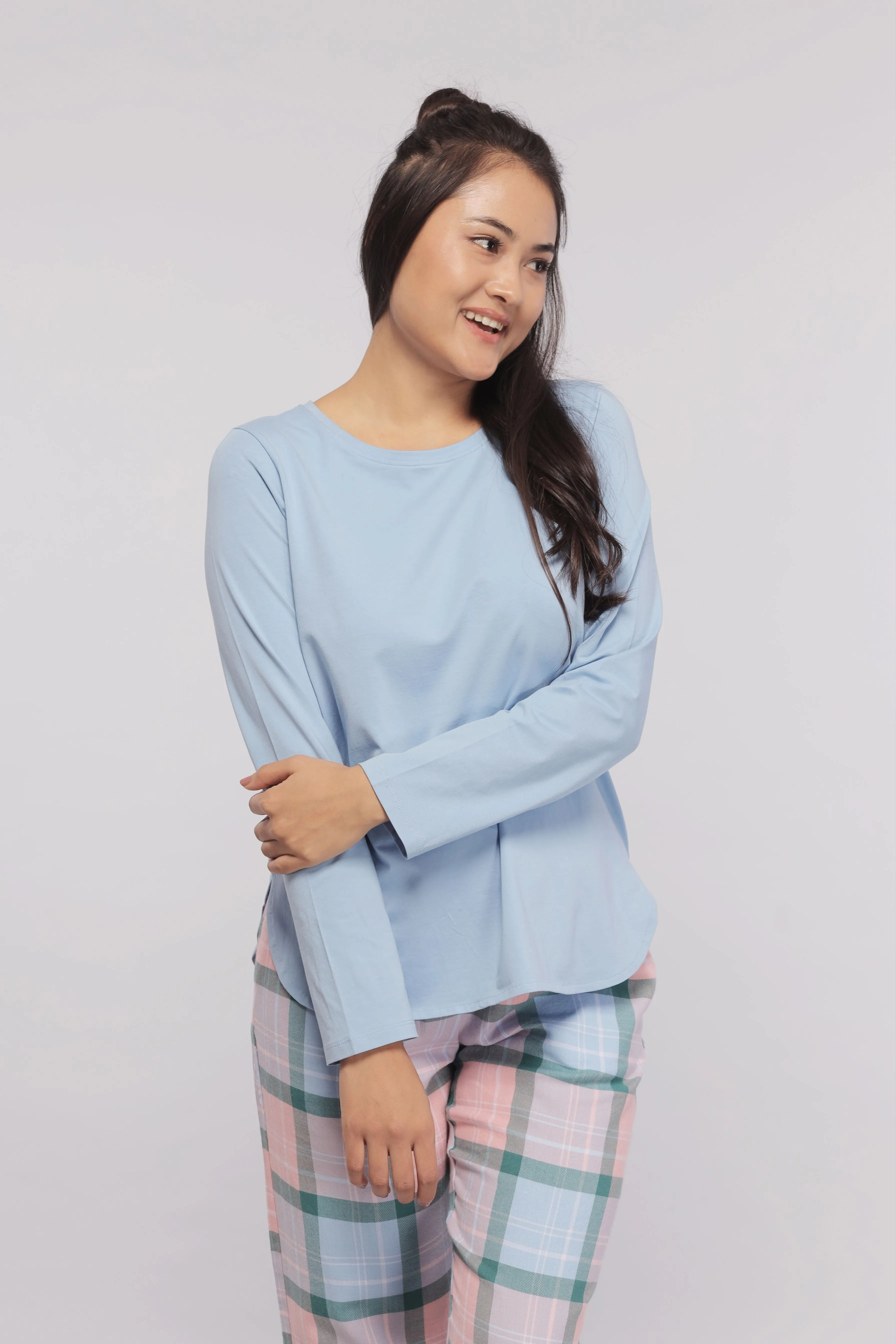 Plaid Flannel Pajama Set with Blue Top