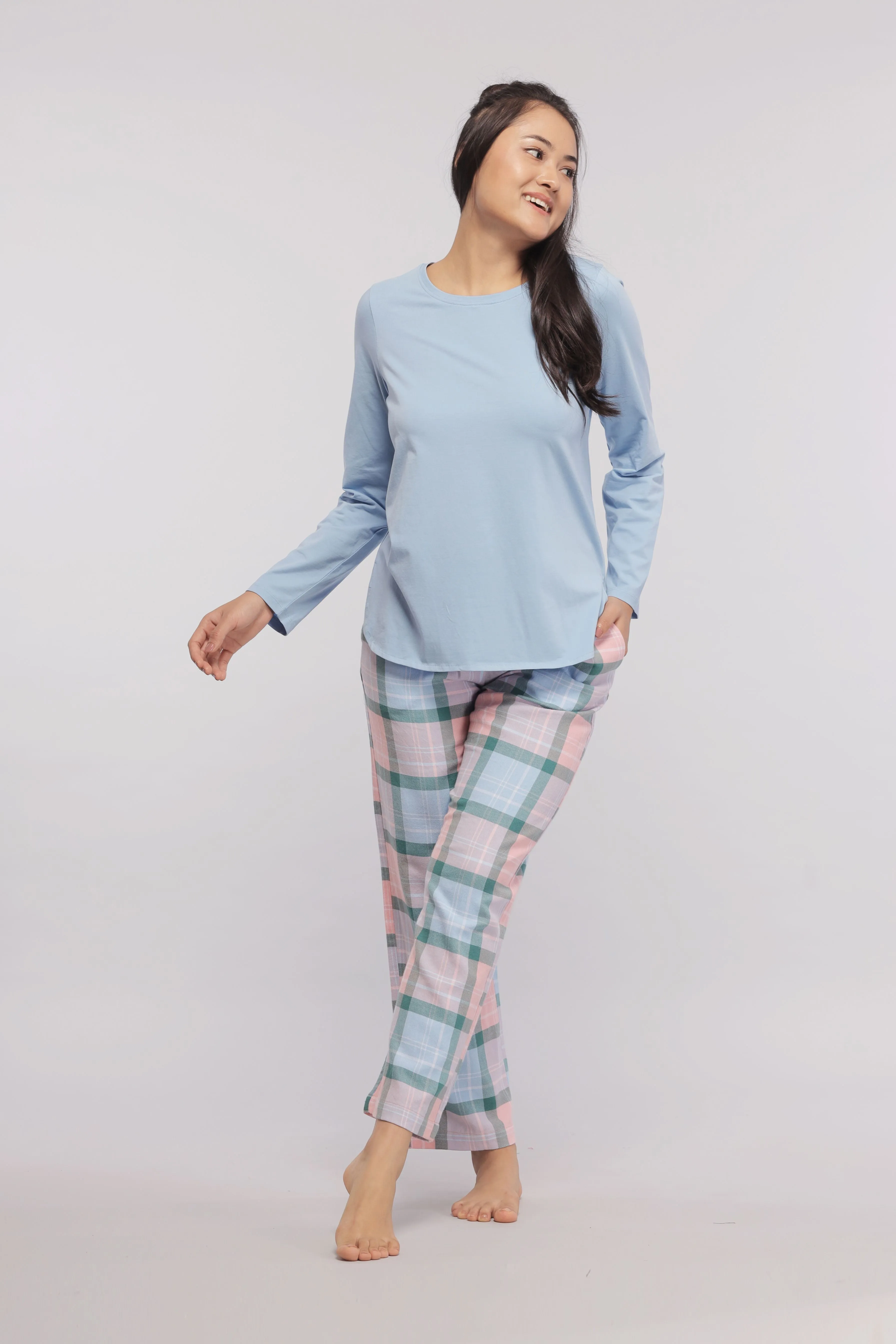Plaid Flannel Pajama Set with Blue Top
