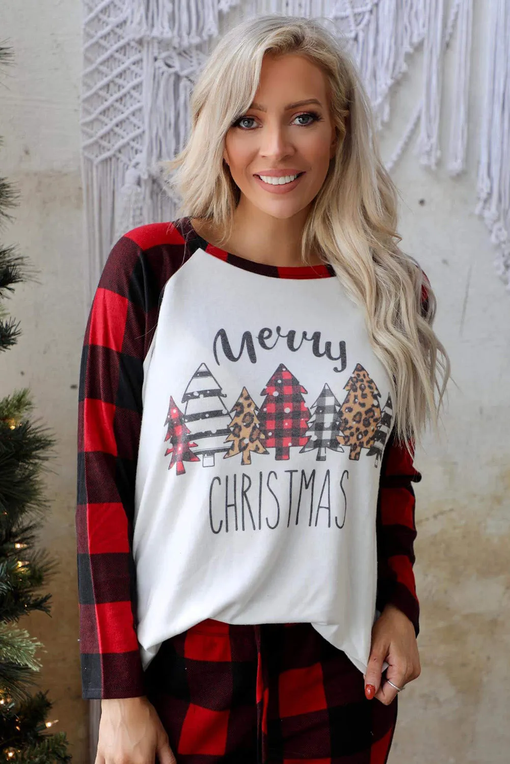Plaid Merry Christmas Graphic Loungewear Set