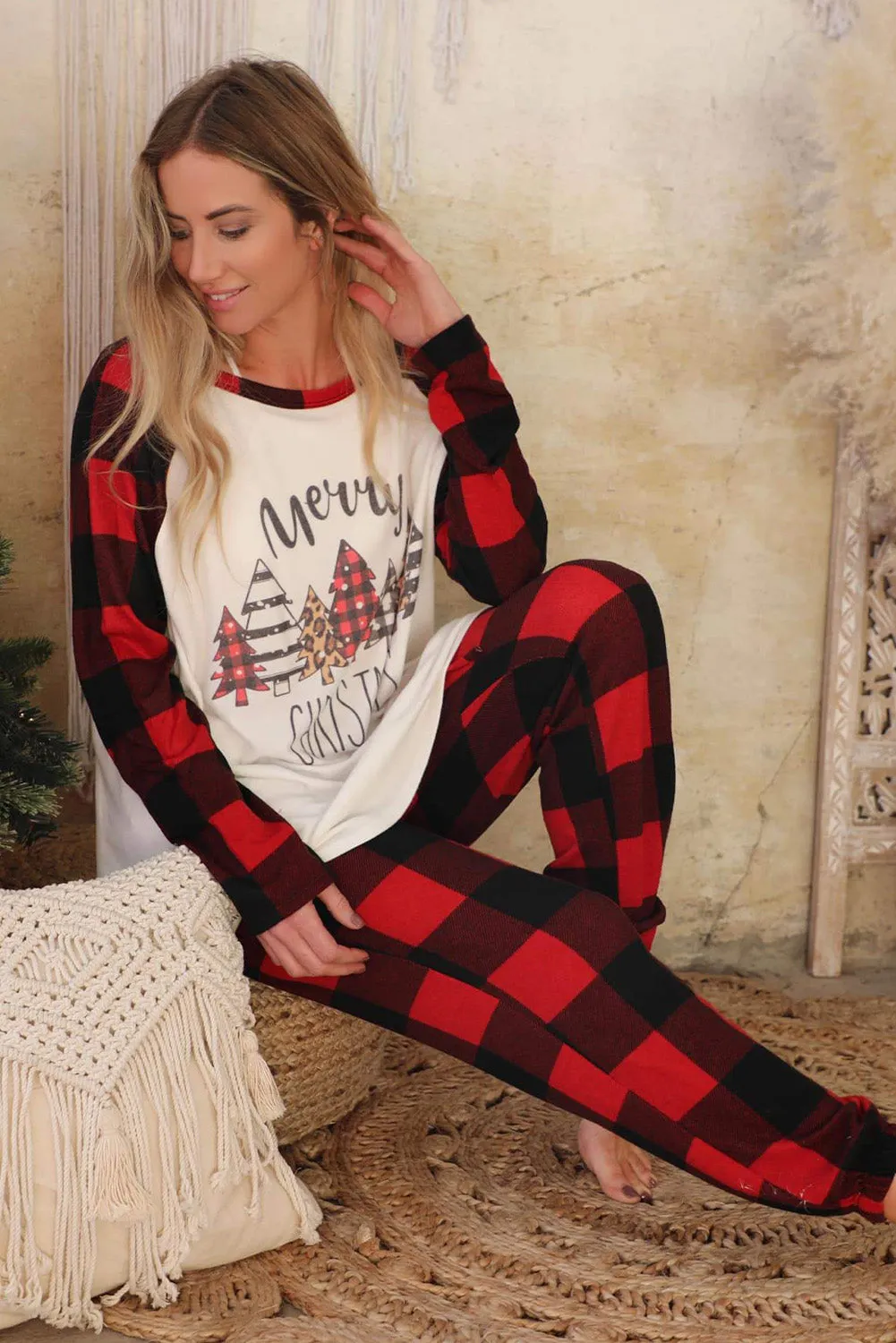 Plaid Merry Christmas Graphic Loungewear Set