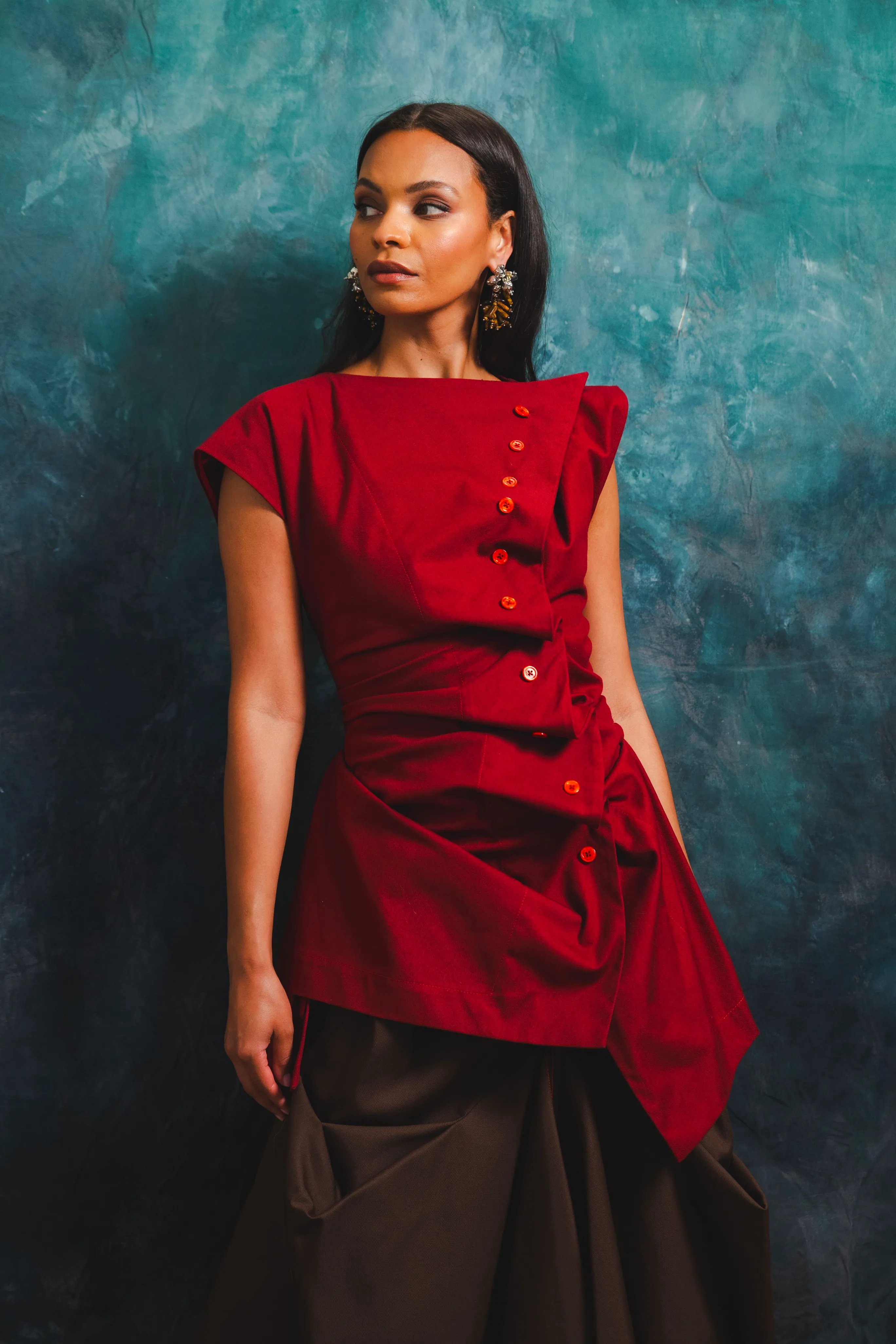 Pleated Button Blouse with Lace Up Back Stretchy Top