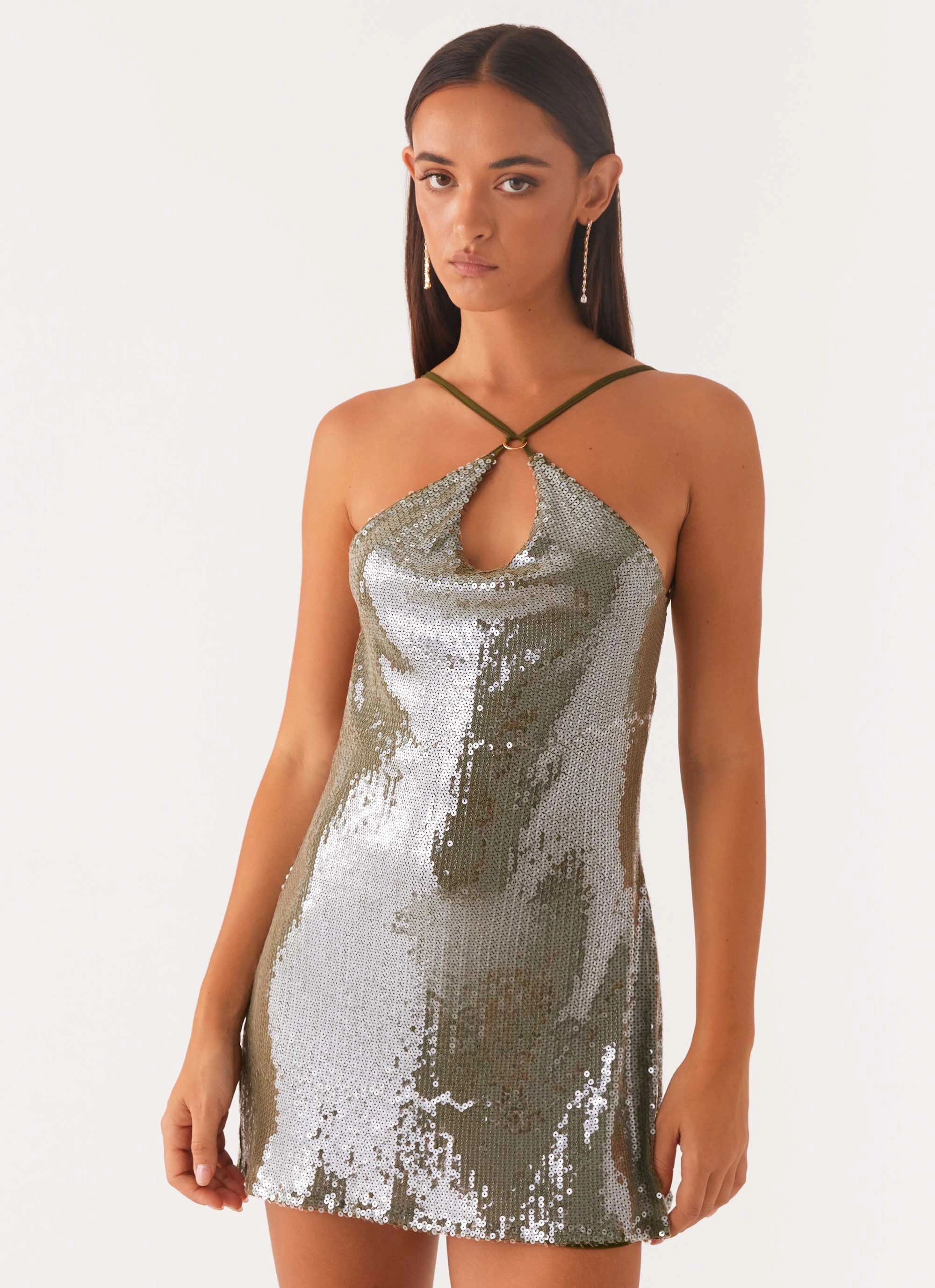 Radiant Energy Cowl Back Mini Dress - Olive Flexible Material Street Vibe