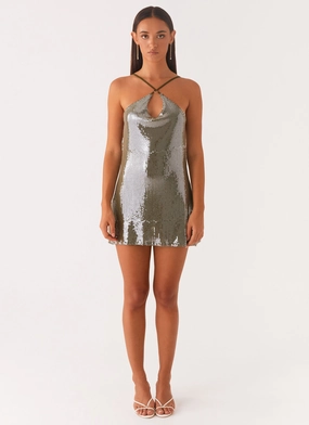 Radiant Energy Cowl Back Mini Dress - Olive Luxury Feel