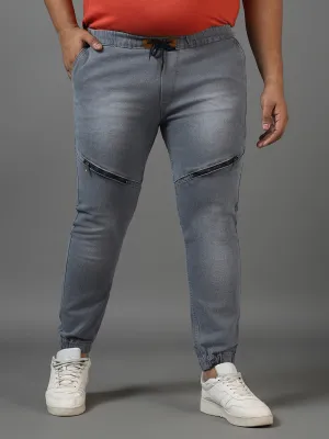 Plus Men's Grey Regular Fit Zippered Jogger Jeans Stretch