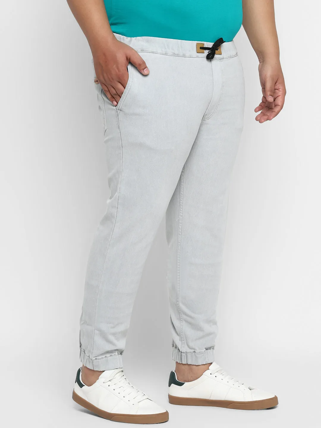 Plus Men's Light Grey Regular Fit Washed Jogger Jeans Stretch