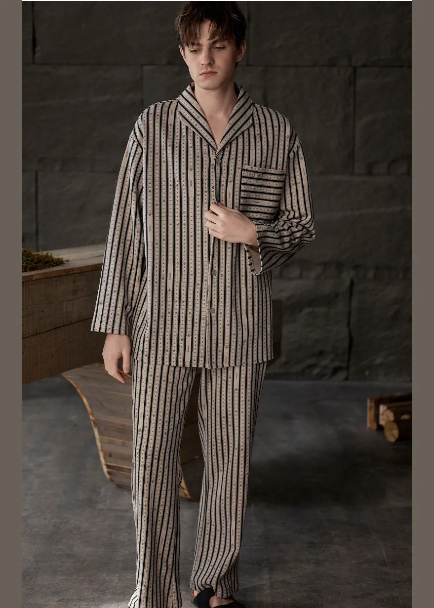 Plus Size Khaki Peter Pan Collar Striped Button Low High Design Cotton Pajamas Two Piece Set Spring LY1918