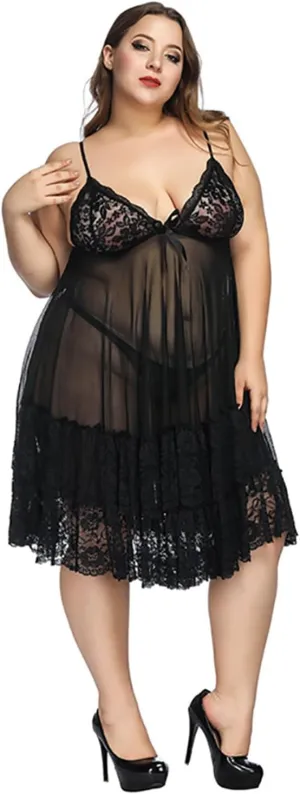 Plus Size Lace Lingerie for Women Sexy Sheer V Neck Cami Nightgown Sleep Dress Nightwear Soft Pajamas