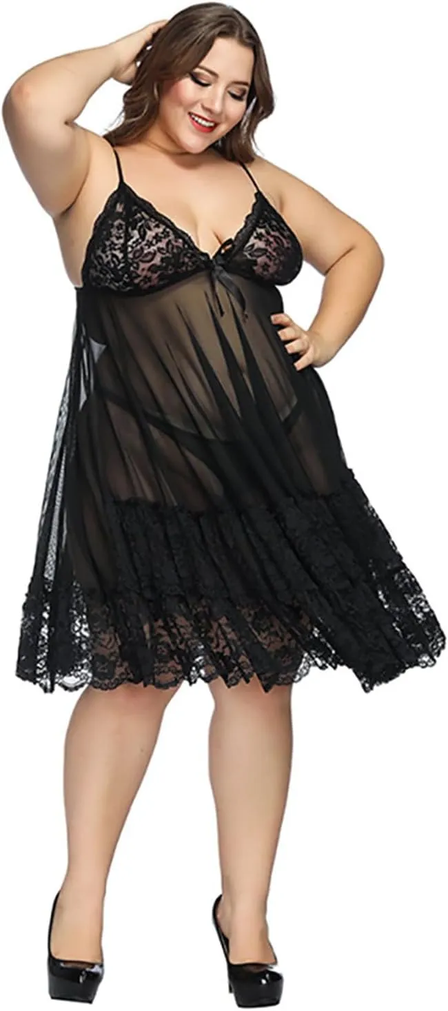 Plus Size Lace Lingerie for Women Sexy Sheer V Neck Cami Nightgown Sleep Dress Nightwear Soft Pajamas