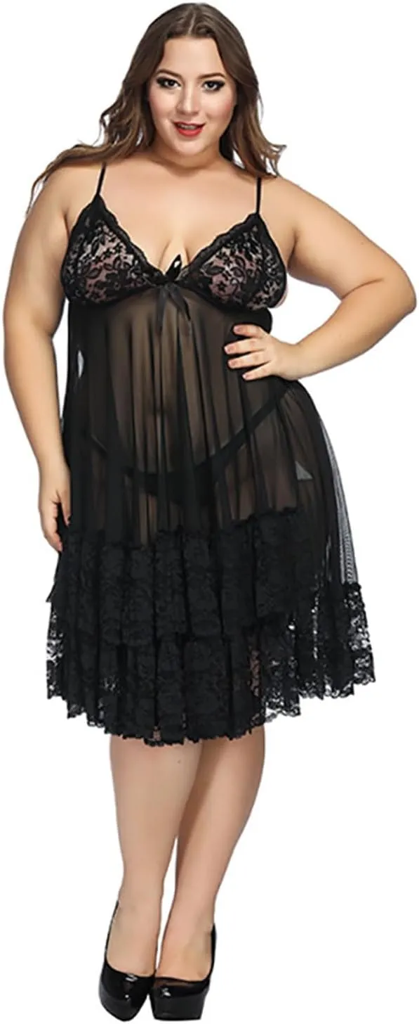 Plus Size Lace Lingerie for Women Sexy Sheer V Neck Cami Nightgown Sleep Dress Nightwear Soft Pajamas