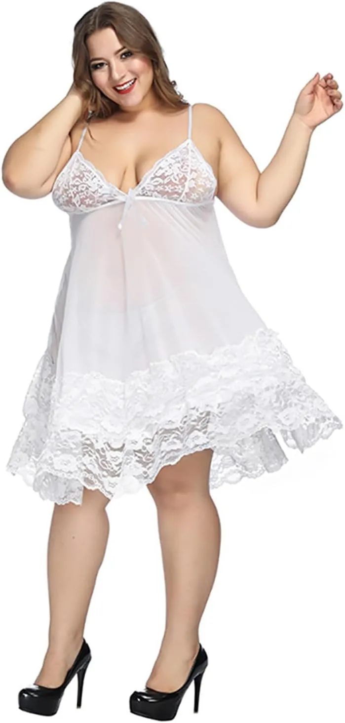 Plus Size Lace Lingerie for Women Sexy Sheer V Neck Cami Nightgown Sleep Dress Nightwear Soft Pajamas