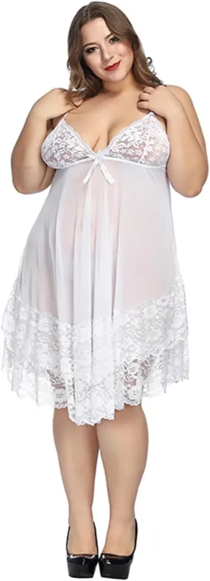 Plus Size Lace Lingerie for Women Sexy Sheer V Neck Cami Nightgown Sleep Dress Nightwear Soft Pajamas