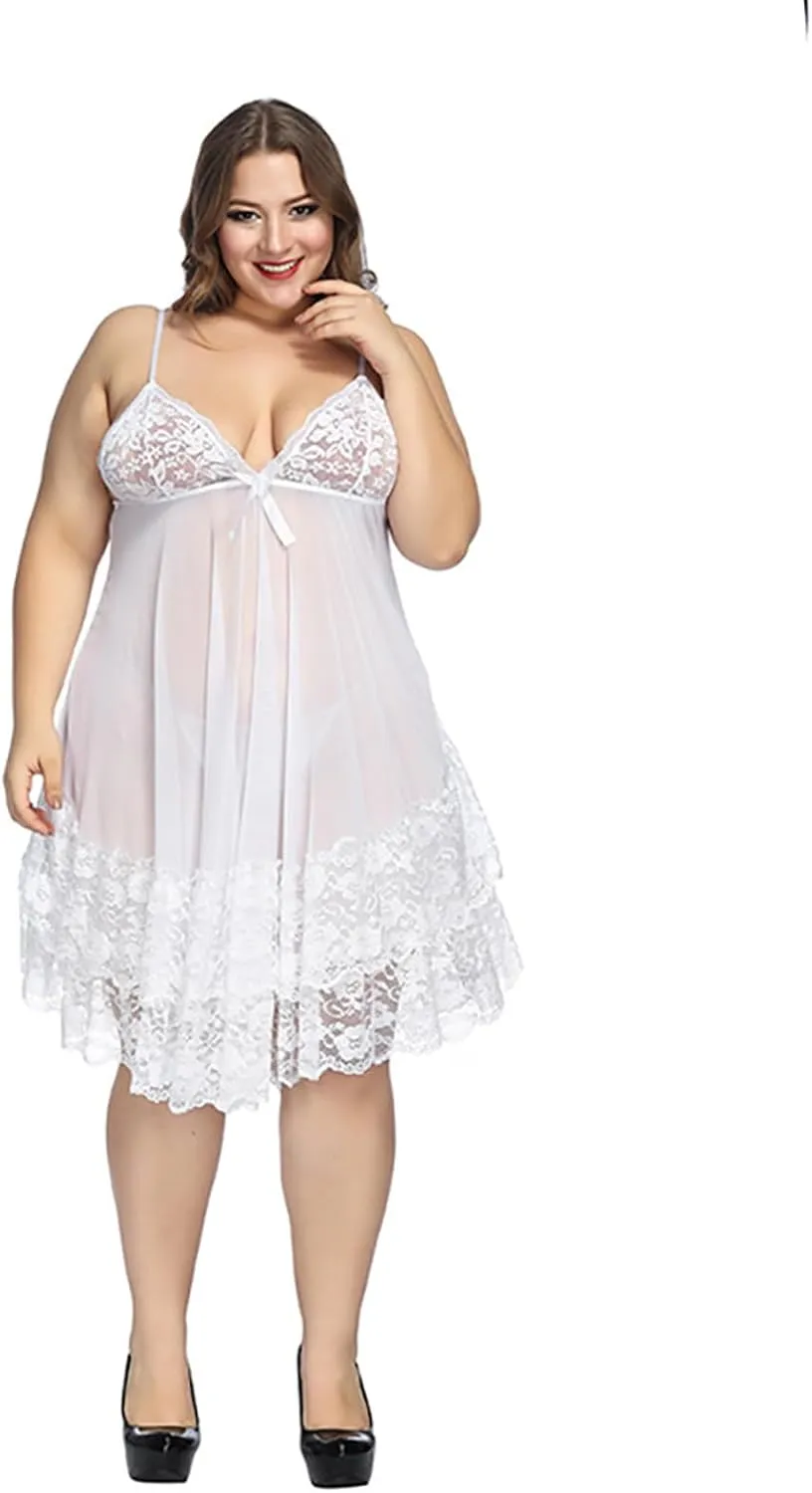 Plus Size Lace Lingerie for Women Sexy Sheer V Neck Cami Nightgown Sleep Dress Nightwear Soft Pajamas