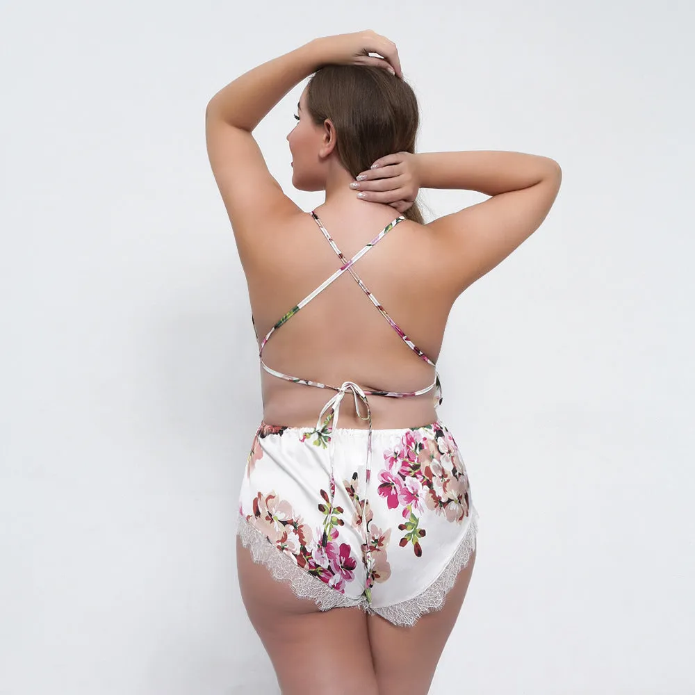 Plus Size Lace Trim Jumpsuit Satin Nightwear Pajamas