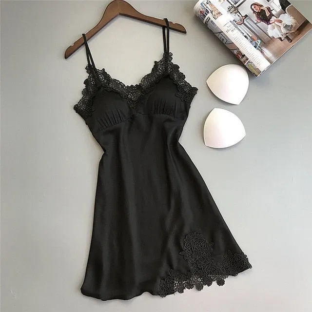 Plus Size Night Dress Nightgown Sexy Nightwear Lace Patchwork Camisola Lingerie Night Silk Dress Sleep Wear Nightdress Clothes