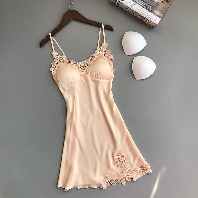 Plus Size Night Dress Nightgown Sexy Nightwear Lace Patchwork Camisola Lingerie Night Silk Dress Sleep Wear Nightdress Clothes
