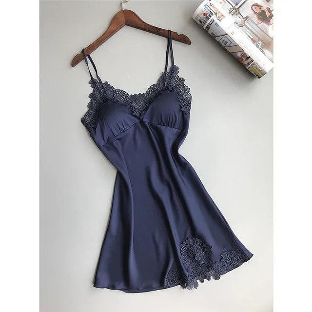 Plus Size Night Dress Nightgown Sexy Nightwear Lace Patchwork Camisola Lingerie Night Silk Dress Sleep Wear Nightdress Clothes