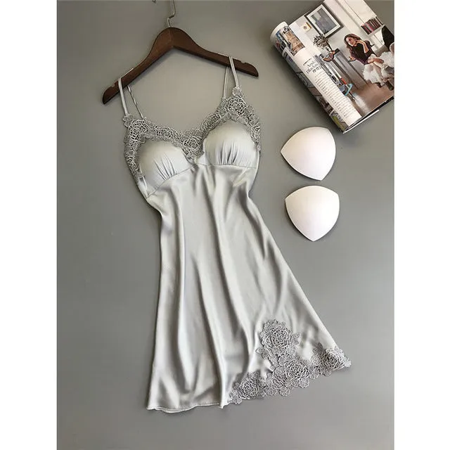 Plus Size Night Dress Nightgown Sexy Nightwear Lace Patchwork Camisola Lingerie Night Silk Dress Sleep Wear Nightdress Clothes