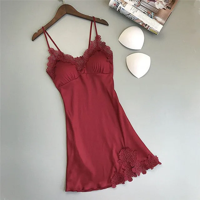 Plus Size Night Dress Nightgown Sexy Nightwear Lace Patchwork Camisola Lingerie Night Silk Dress Sleep Wear Nightdress Clothes