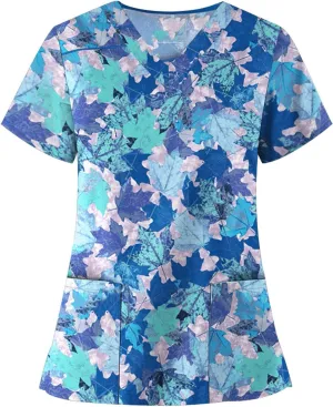 Plus Size Scrubs for Women 2024 Medical Uniform V Neck Short Sleeve Printed Nurse Work Tunic Tops with Pockets