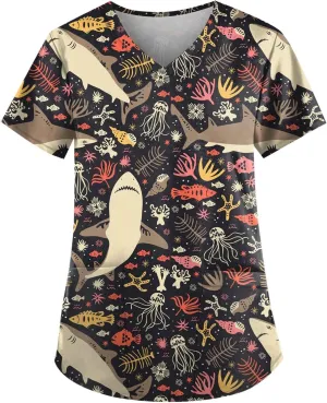Plus Size Scrubs for Women Stretch V Neck Pattern Short Sleeve Nurse Tops Cute Animal Print Nursing Top with Pockets