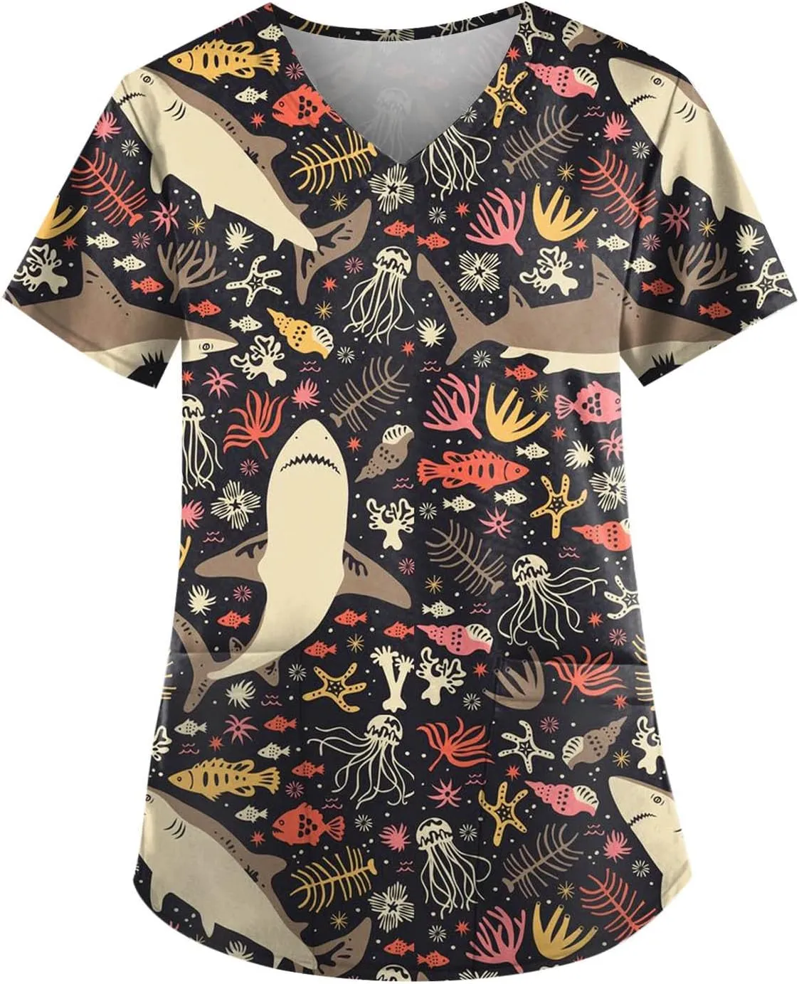 Plus Size Scrubs for Women Stretch V Neck Pattern Short Sleeve Nurse Tops Cute Animal Print Nursing Top with Pockets