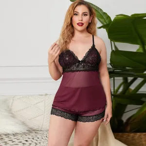 Plus Size Sheer Splicing Sleeveless 2 Piece Nightwear Set
