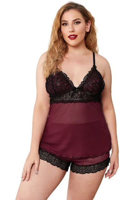 Plus Size Sheer Splicing Sleeveless 2 Piece Nightwear Set