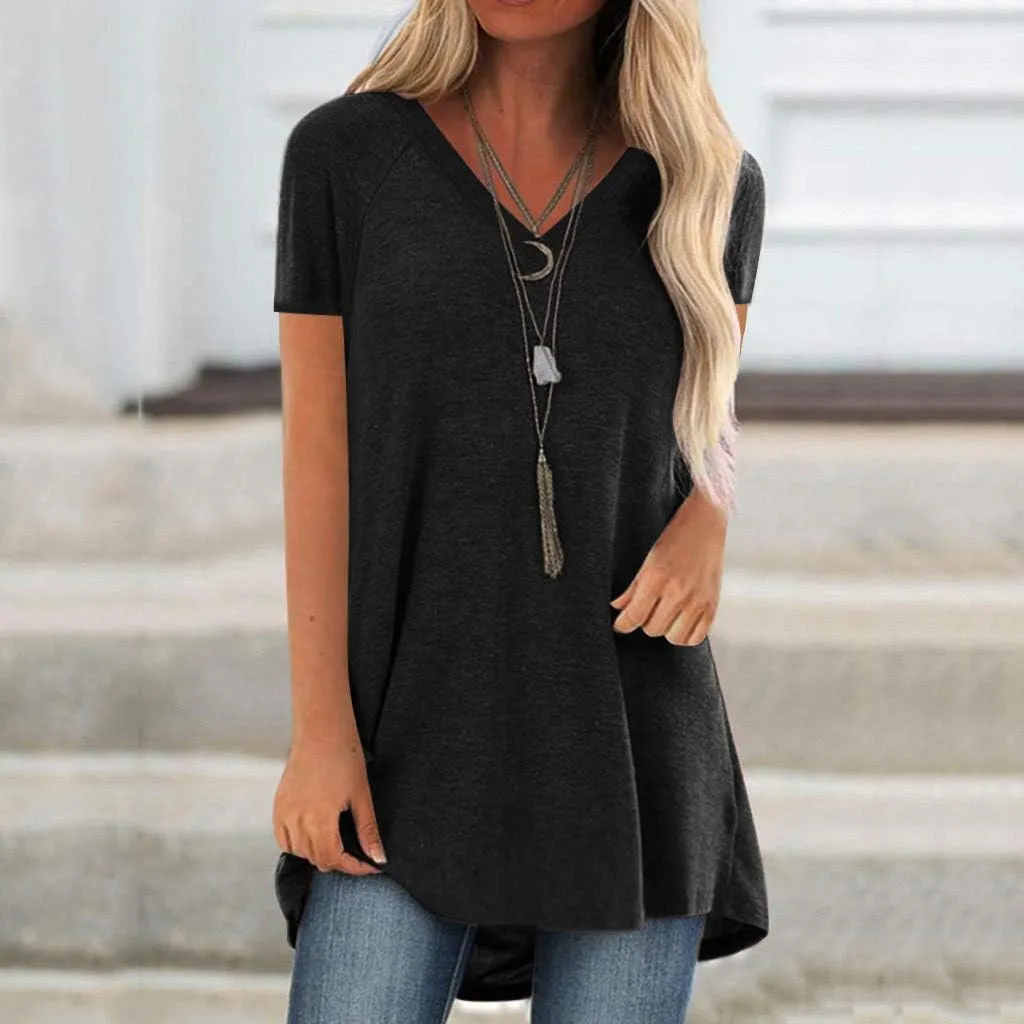 Plus Size Tunic Tops for Women Long Flowy Shirts for Leggings Short Sleeve V Neck/Crewneck Tees Blouse