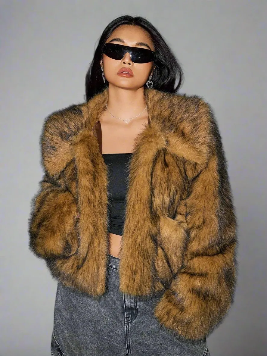 Plus Size Women's Long Sleeve Fluffy Coat