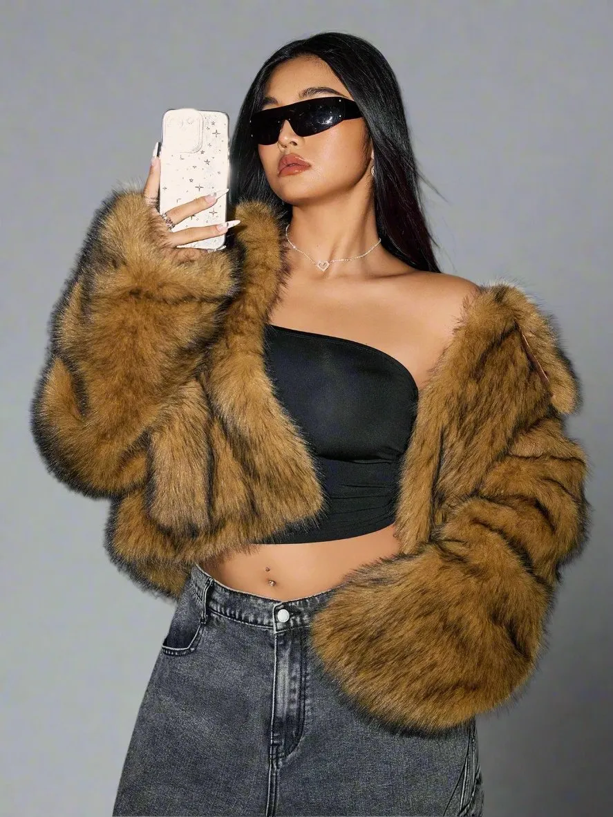 Plus Size Women's Long Sleeve Fluffy Coat