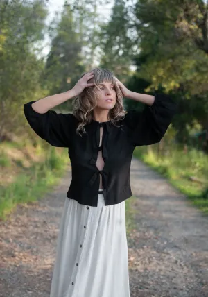 Microfiber Material Poet Top in Black Cotton