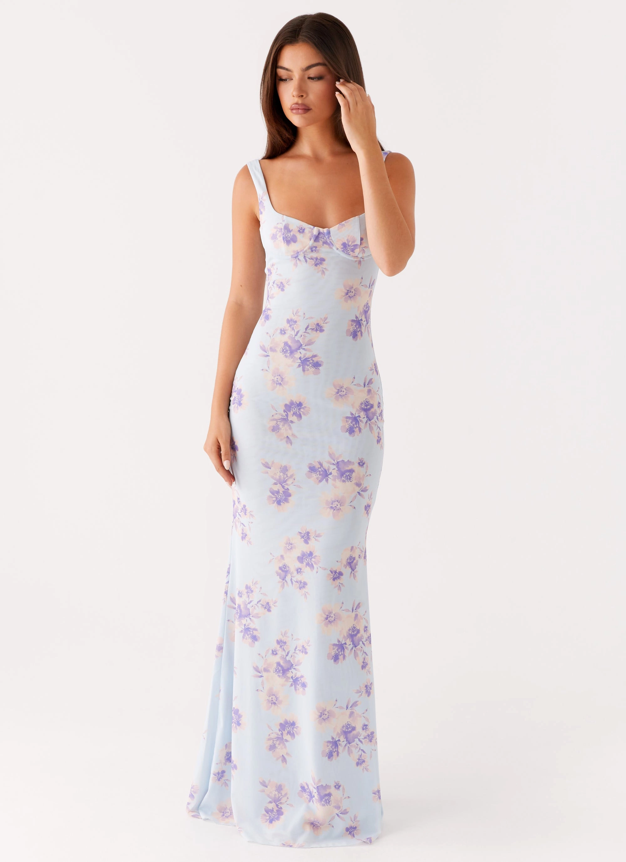 Sheer Overlay Velvet-Sleeve Charity Maxi Dress - Print