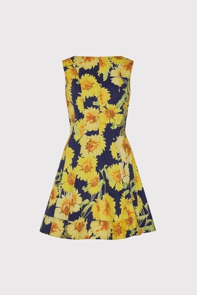 Printed-Lining Calm Movement Poppy Sunflower Poplin Mini Dress