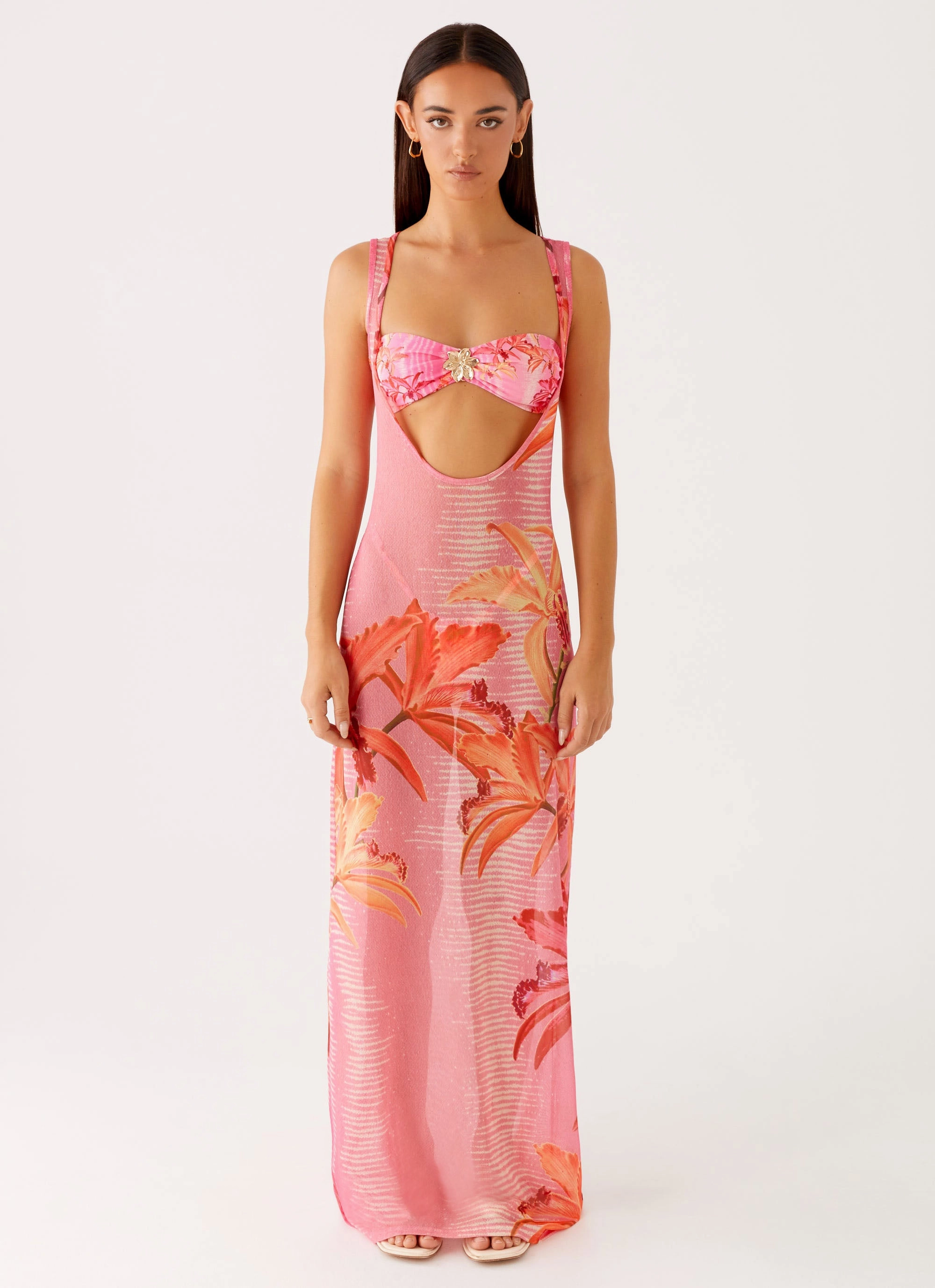 Flattering and Chic Draped Fabric Sorella Maxi Dress - Tropical Pink Print
