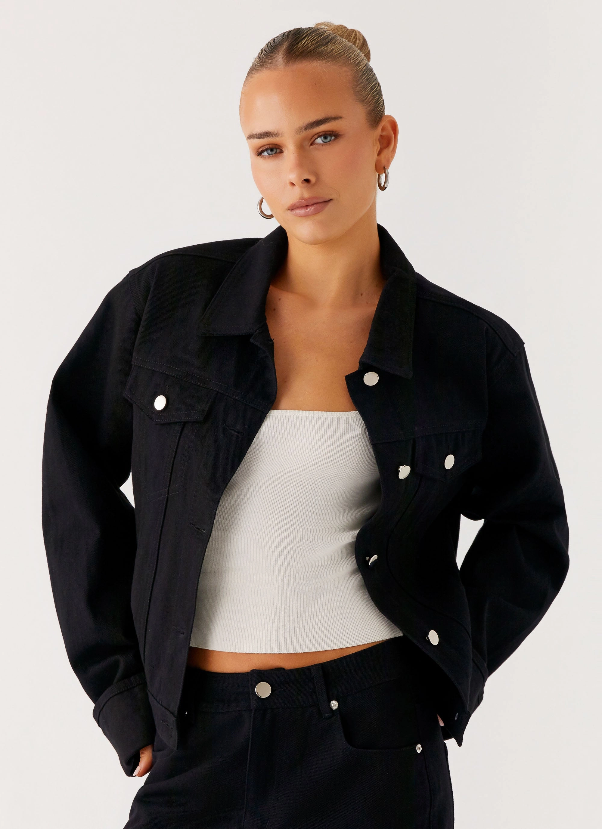 Back Again Oversized Denim Jacket - Black Bow-tie