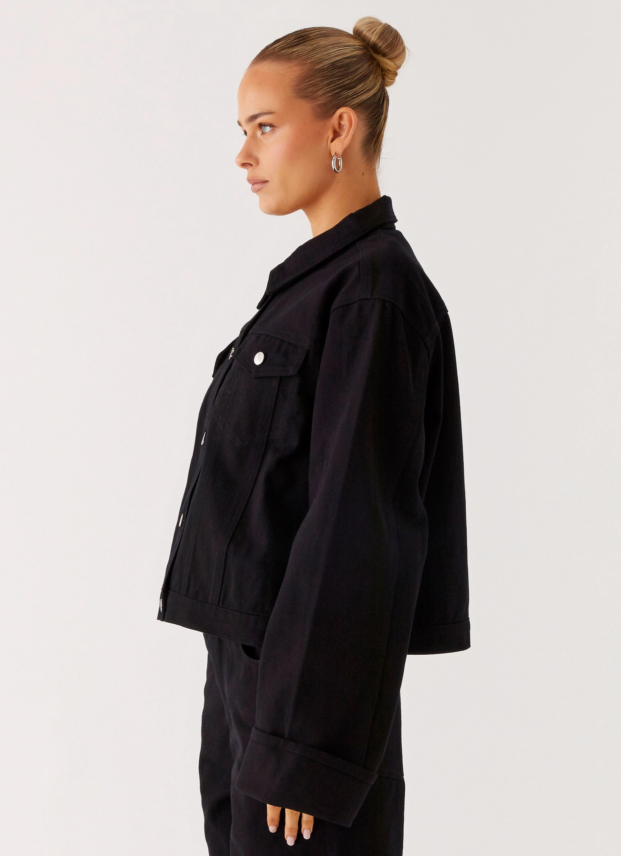 Back Again Oversized Denim Jacket - Black Adjustable Hood