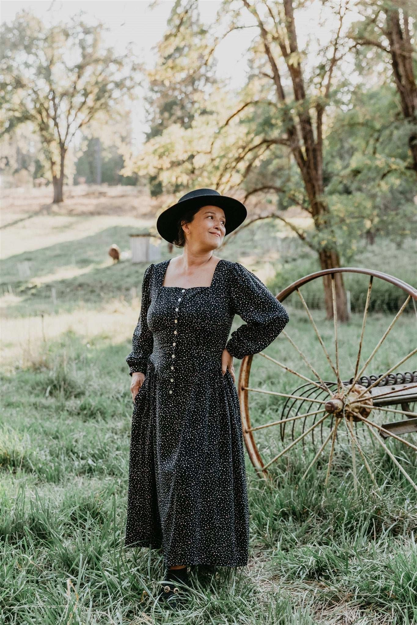 Prairie Dress in Black Dot Flexible Cut Perfect For Work