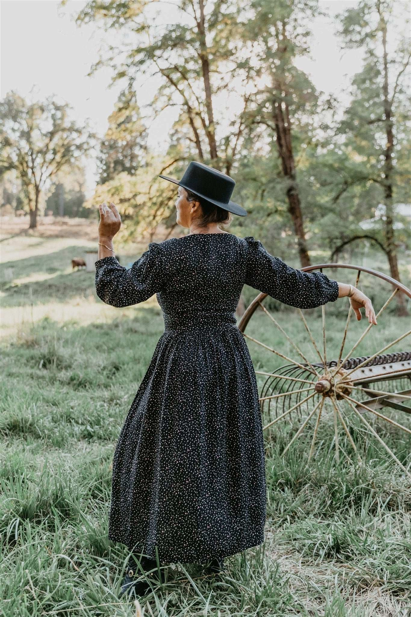 Elegant Layering Prairie Dress in Black Dot