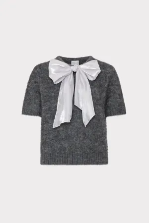 High Collar Protection Design RibbedTrims Bow Short Sleeve Sweater